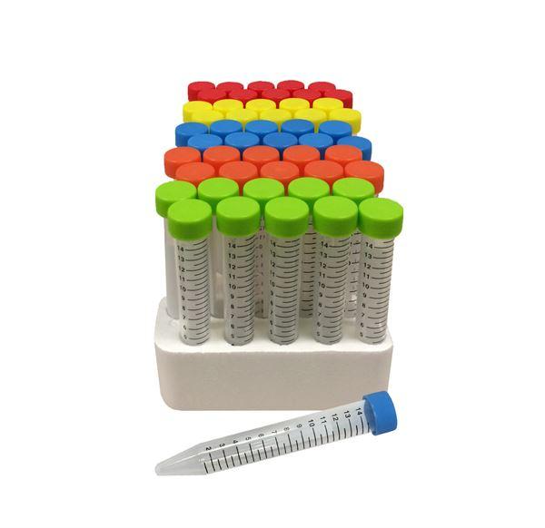 SpectraTube 15ml PP (17x118mm)- flat rainbow screw cap- 50/foam rack - 500/cs-C2715