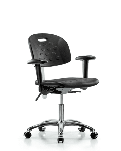 Class 100 Newport Industrial Polyurethane Clean Room Chair - Desk Height with Adjustable Arms & Casters in Black Polyurethane - CLR-HPDHCH-CR-T0-A1-CC-BLK