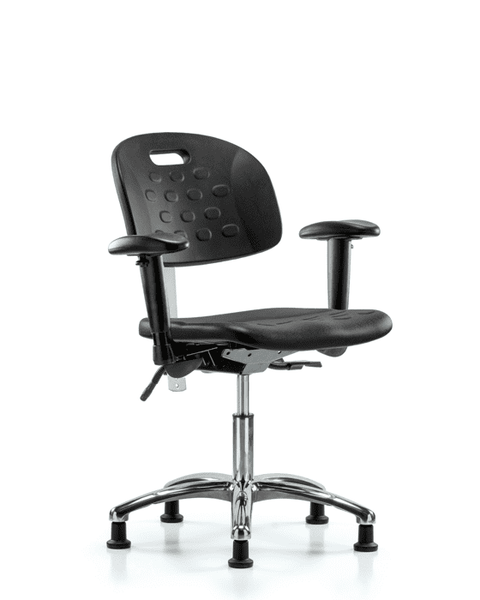 Class 100 Newport Industrial Polyurethane Clean Room Chair - Desk Height with Adjustable Arms & Stationary Glides in Black Polyurethane - CLR-HPDHCH-CR-T0-A1-RG-BLK