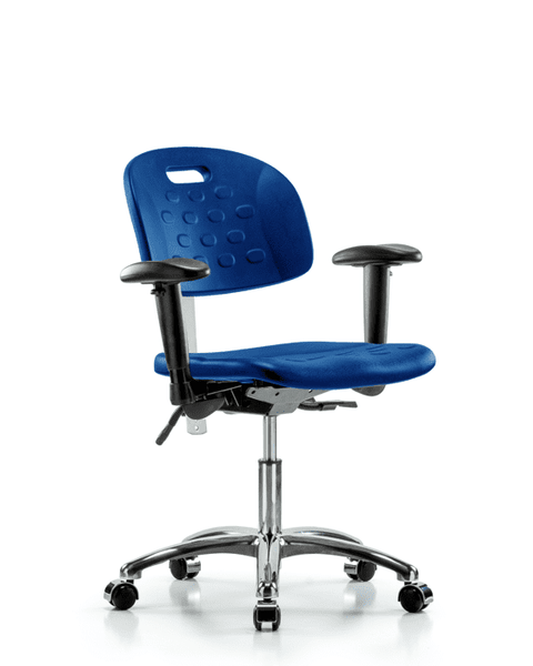 Class 100 Newport Industrial Polyurethane Clean Room Chair - Desk Height with Seat Tilt, Adjustable Arms, & Casters in Blue Polyurethane - CLR-HPDHCH-CR-T1-A1-CC-BLU