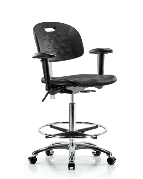 Class 100 Newport Industrial Polyurethane Clean Room Chair - High Bench Height with Adjustable Arms, Chrome Foot Ring, & Casters in Black Polyurethane - CLR-HPHBCH-CR-T0-A1-CF-CC-BLK