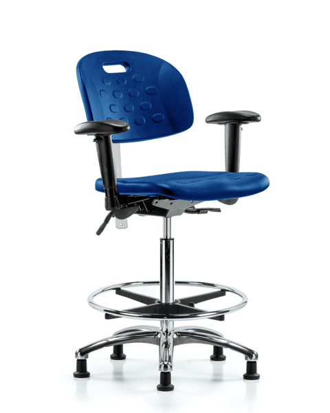 Class 100 Newport Industrial Polyurethane Clean Room Chair - High Bench Height with Adjustable Arms, Chrome Foot Ring, & Stationary Glides in Blue Polyurethane - CLR-HPHBCH-CR-T0-A1-CF-RG-BLU