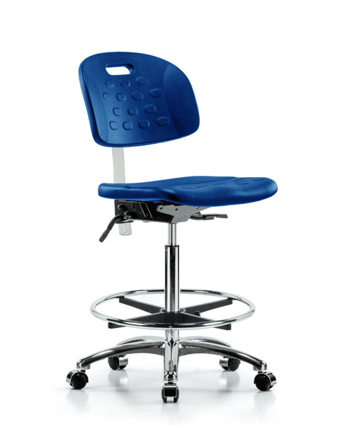 Class 100 Newport Industrial Polyurethane Clean Room Chair - High Bench Height with Seat Tilt, Chrome Foot Ring, & Casters in Blue Polyurethane - CLR-HPHBCH-CR-T1-A0-CF-CC-BLU