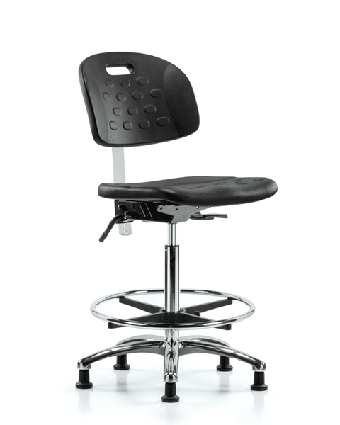 Class 100 Newport Industrial Polyurethane Clean Room Chair - High Bench Height with Seat Tilt, Chrome Foot Ring, & Stationary Glides in Black Polyurethane - CLR-HPHBCH-CR-T1-A0-CF-RG-BLK