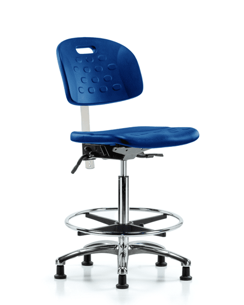 Class 100 Newport Industrial Polyurethane Clean Room Chair - High Bench Height with Seat Tilt, Chrome Foot Ring, & Stationary Glides in Blue Polyurethane - CLR-HPHBCH-CR-T1-A0-CF-RG-BLU