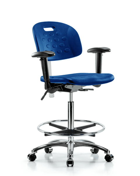 Class 100 Newport Industrial Polyurethane Clean Room Chair - High Bench Height with Seat Tilt, Adjustable Arms, Chrome Foot Ring, & Casters in Blue Polyurethane - CLR-HPHBCH-CR-T1-A1-CF-CC-BLU