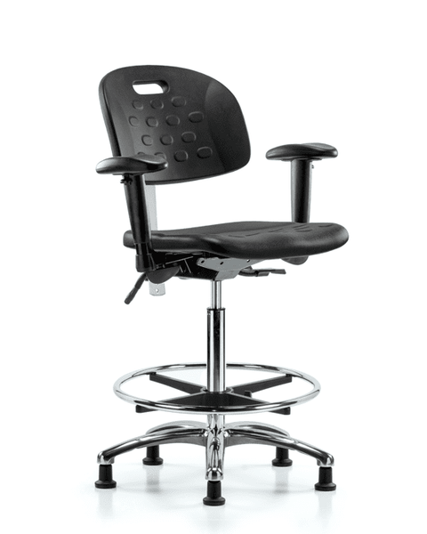 Class 100 Newport Industrial Polyurethane Clean Room Chair - High Bench Height with Seat Tilt, Adjustable Arms, Chrome Foot Ring, & Stationary Glides in Black Polyurethane - CLR-HPHBCH-CR-T1-A1-CF-RG-BLK