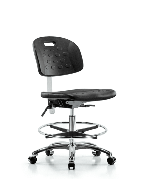 Class 10 Newport Industrial Polyurethane Clean Room Chair - Medium Bench Height with Chrome Foot Ring & Casters in Black Polyurethane - CLR-HPMBCH-CR-T0-A0-CF-CC-BLK
