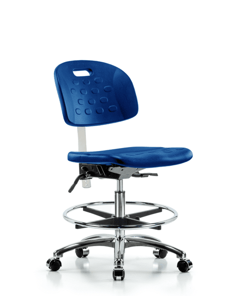 Class 10 Newport Industrial Polyurethane Clean Room Chair - Medium Bench Height with Chrome Foot Ring & Casters in Blue Polyurethane - CLR-HPMBCH-CR-T0-A0-CF-CC-BLU
