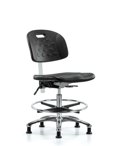 Class 10 Newport Industrial Polyurethane Clean Room Chair - Medium Bench Height with Chrome Foot Ring & Stationary Glides in Black Polyurethane - CLR-HPMBCH-CR-T0-A0-CF-RG-BLK