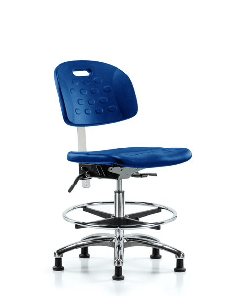 Class 10 Newport Industrial Polyurethane Clean Room Chair - Medium Bench Height with Chrome Foot Ring & Stationary Glides in Blue Polyurethane - CLR-HPMBCH-CR-T0-A0-CF-RG-BLU