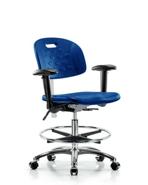 Class 100 Newport Industrial Polyurethane Clean Room Chair - Medium Bench Height with Adjustable Arms, Chrome Foot Ring, & Casters in Blue Polyurethane - CLR-HPMBCH-CR-T0-A1-CF-CC-BLU