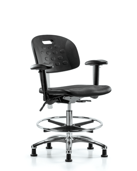 Class 100 Newport Industrial Polyurethane Clean Room Chair - Medium Bench Height with Adjustable Arms, Chrome Foot Ring, & Stationary Glides in Black Polyurethane - CLR-HPMBCH-CR-T0-A1-CF-RG-BLK