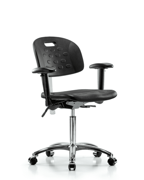 Class 100 Newport Industrial Polyurethane Clean Room Chair - Medium Bench Height with Adjustable Arms & Casters in Black Polyurethane - CLR-HPMBCH-CR-T0-A1-NF-CC-BLK