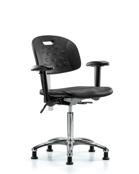 Class 100 Newport Industrial Polyurethane Clean Room Chair - Medium Bench Height with Adjustable Arms & Stationary Glides in Black Polyurethane - CLR-HPMBCH-CR-T0-A1-NF-RG-BLK