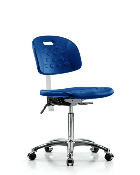 Class 100 Newport Industrial Polyurethane Clean Room Chair - Medium Bench Height with Seat Tilt & Casters in Blue Polyurethane - CLR-HPMBCH-CR-T1-A0-NF-CC-BLU