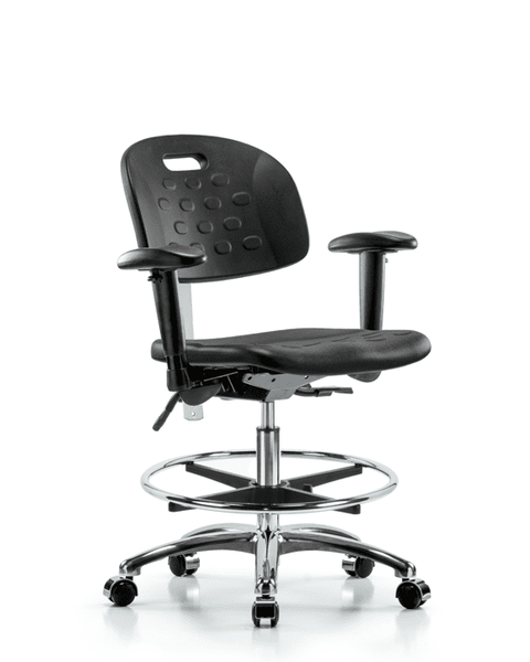 Class 100 Newport Industrial Polyurethane Clean Room Chair - Medium Bench Height with Seat Tilt, Adjustable Arms, Chrome Foot Ring, & Casters in Black Polyurethane - CLR-HPMBCH-CR-T1-A1-CF-CC-BLK