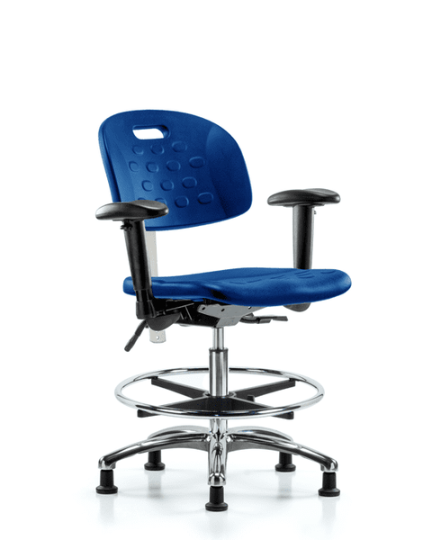 Class 100 Newport Industrial Polyurethane Clean Room Chair - Medium Bench Height with Seat Tilt, Adjustable Arms, Chrome Foot Ring, & Stationary Glides in Blue Polyurethane - CLR-HPMBCH-CR-T1-A1-CF-RG-BLU