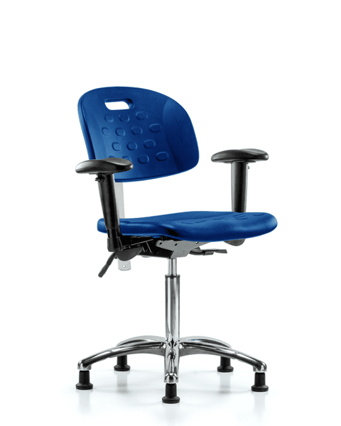 Class 100 Newport Industrial Polyurethane Clean Room Chair - Medium Bench Height with Seat Tilt, Adjustable Arms, & Stationary Glides in Blue Polyurethane - CLR-HPMBCH-CR-T1-A1-NF-RG-BLU