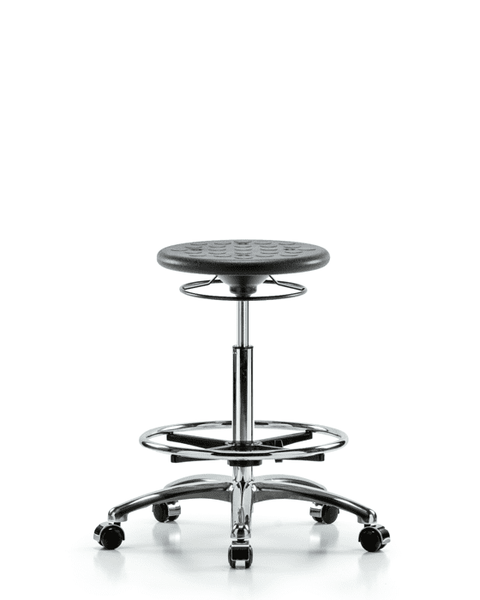 Class 10 Huron Polyurethane Clean Room Stool - High Bench Height with Chrome Foot Ring and Casters in Black Polyurethane - CLR-IPHBSO-CR-CF-CC-BLK