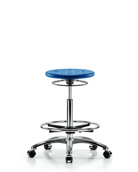 Class 10 Huron Polyurethane Clean Room Stool - High Bench Height with Chrome Foot Ring & Casters in Blue Polyurethane - CLR-IPHBSO-CR-CF-CC-BLU