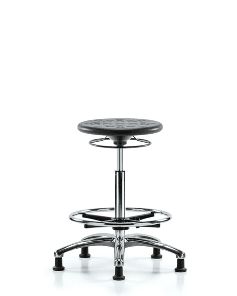 Class 10 Huron Polyurethane Clean Room Stool - High Bench Height with Chrome Foot Ring and Stationary Glides in Black Polyurethane - CLR-IPHBSO-CR-CF-RG-BLK