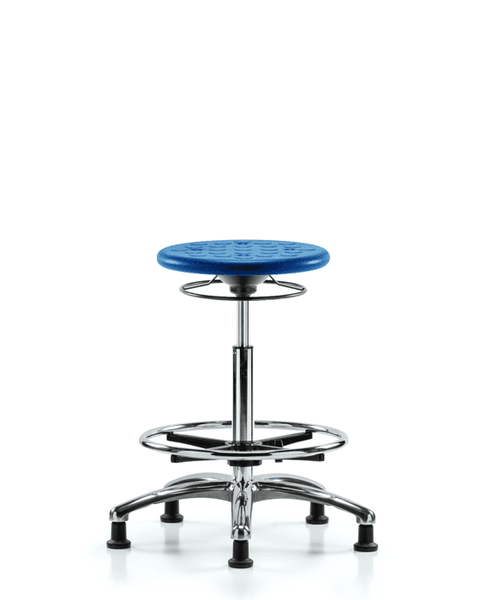 Class 10 Huron Polyurethane Clean Room Stool - High Bench Height with Chrome Foot Ring & Stationary Glides in Blue Polyurethane - CLR-IPHBSO-CR-CF-RG-BLU