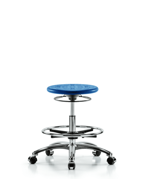 Class 10 Huron Polyurethane Clean Room Stool - Medium Bench Height with Chrome Foot Ring & Casters in Blue Polyurethane - CLR-IPMBSO-CR-CF-CC-BLU