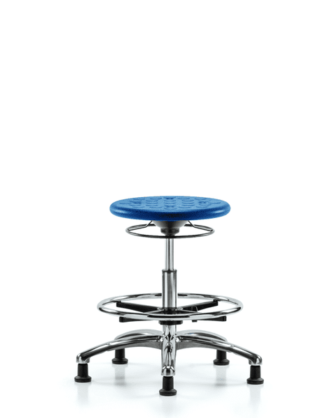 Class 10 Huron Polyurethane Clean Room Stool - Medium Bench Height with Chrome Foot Ring & Stationary Glides in Blue Polyurethane - CLR-IPMBSO-CR-CF-RG-BLU