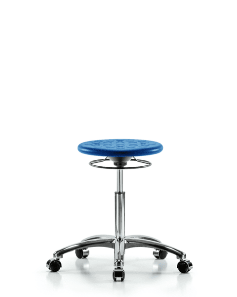 Class 10 Huron Polyurethane Clean Room Stool - Medium Bench Height with Casters in Blue Polyurethane - CLR-IPMBSO-CR-NF-CC-BLU