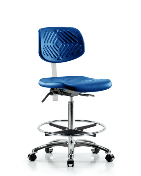 Class 10 Polyurethane Clean Room Chair - High Bench Height with Chrome Foot Ring & Casters in Blue Polyurethane - CLR-PHBCH-CR-CF-CC-BLU