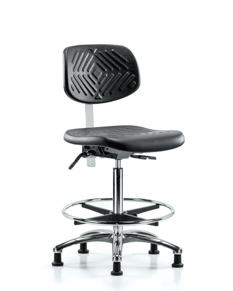 Class 10 Polyurethane Clean Room Chair - High Bench Height with Chrome Foot Ring & Stationary Glides in Black Polyurethane - CLR-PHBCH-CR-CF-RG-BLK
