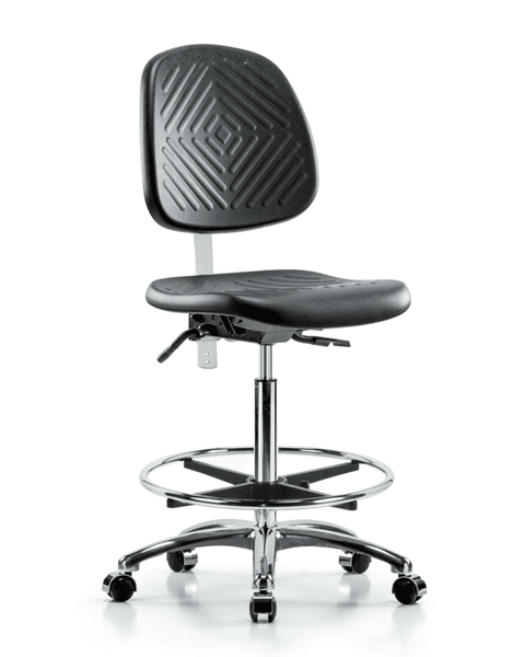 Class 10 Polyurethane Clean Room Chair - High Bench Height with Medium Back, Chrome Foot Ring, & Casters in Black Polyurethane - CLR-PHBCH-MB-CR-CF-CC-BLK