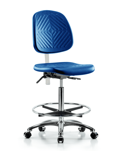 Class 10 Polyurethane Clean Room Chair - High Bench Height with Medium Back, Chrome Foot Ring, & Casters in Blue Polyurethane - CLR-PHBCH-MB-CR-CF-CC-BLU
