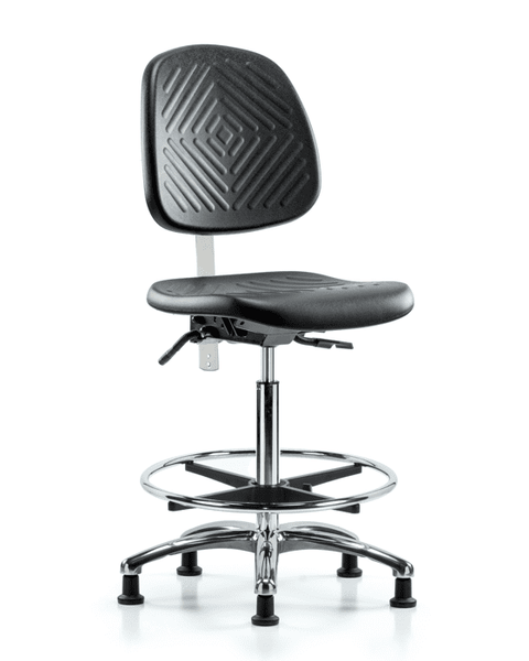 Class 10 Polyurethane Clean Room Chair - High Bench Height with Medium Back, Chrome Foot Ring, & Stationary Glides in Black Polyurethane - CLR-PHBCH-MB-CR-CF-RG-BLK