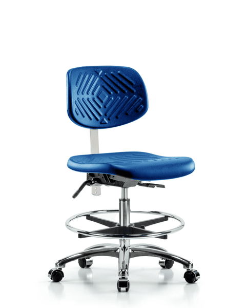 Class 10 Polyurethane Clean Room Chair - Medium Bench Height with Chrome Foot Ring & Casters in Blue Polyurethane - CLR-PMBCH-CR-CF-CC-BLU