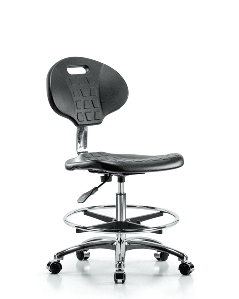 Class 10 Erie Polyurethane Clean Room Chair - Medium Bench Height with Chrome Foot Ring & Casters in Black Polyurethane - CLR-TPMBCH-CR-A0-CF-CC-BLK
