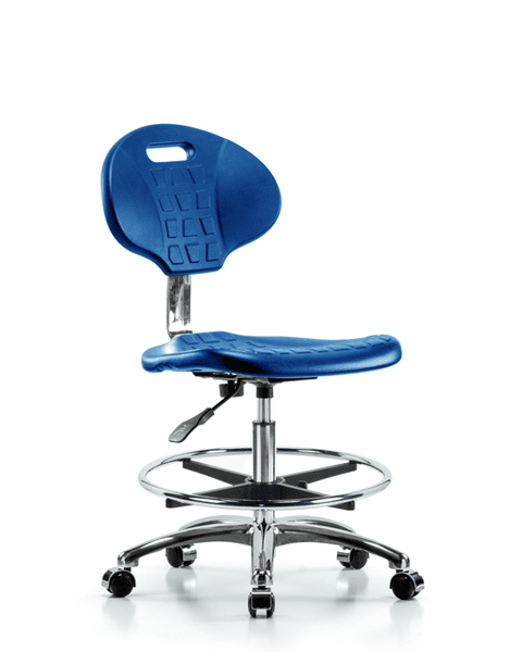 Class 10 Erie Polyurethane Clean Room Chair - Medium Bench Height with Chrome Foot Ring & Casters in Blue Polyurethane - CLR-TPMBCH-CR-A0-CF-CC-BLU