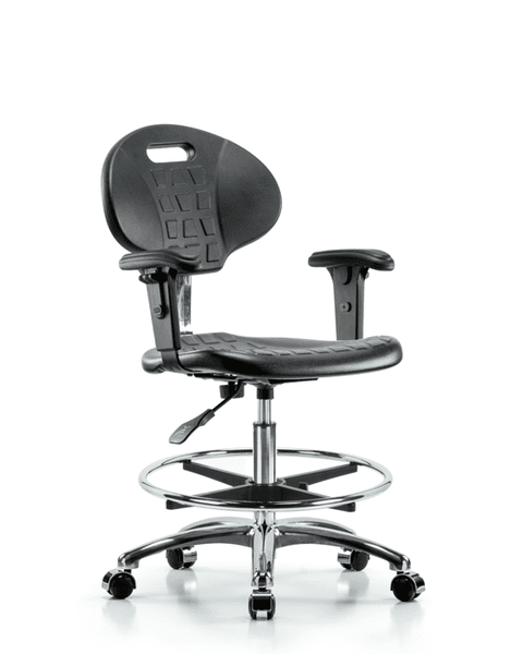 Class 10 Erie Polyurethane Clean Room Chair - Medium Bench Height with Adjustable Arms, Chrome Foot Ring, & Casters in Black Polyurethane - CLR-TPMBCH-CR-A1-CF-CC-BLK