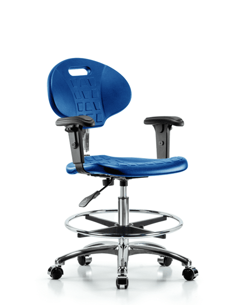 Class 10 Erie Polyurethane Clean Room Chair - Medium Bench Height with Adjustable Arms, Chrome Foot Ring, & Casters in Blue Polyurethane - CLR-TPMBCH-CR-A1-CF-CC-BLU