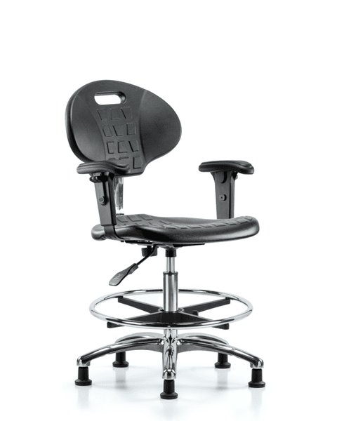 Class 10 Erie Polyurethane Clean Room Chair - Medium Bench Height with Adjustable Arms, Chrome Foot Ring & Stationary Glides in Black Polyurethane - CLR-TPMBCH-CR-A1-CF-RG-BLK