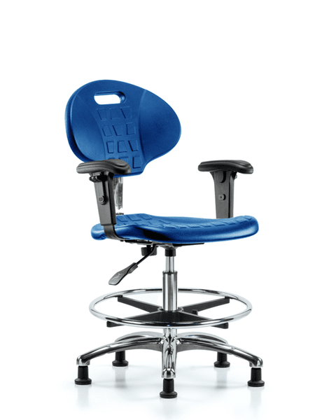 Class 10 Erie Polyurethane Clean Room Chair - Medium Bench Height with Adjustable Arms, Chrome Foot Ring & Stationary Glides in Blue Polyurethane - CLR-TPMBCH-CR-A1-CF-RG-BLU