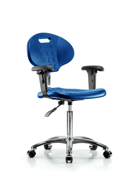 Class 10 Erie Polyurethane Clean Room Chair - Medium Bench Height with Adjustable Arms & Casters in Blue Polyurethane - CLR-TPMBCH-CR-A1-NF-CC-BLU