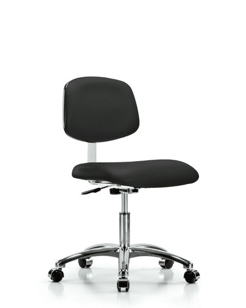 Class 10 Clean Room Vinyl Chair Chrome - Desk Height with Casters in Black Trailblazer Vinyl - CLR-VDHCH-CR-CC-8540