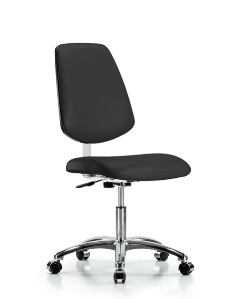 Class 10 Clean Room Vinyl Chair Chrome - Desk Height with Medium Back & Casters in Black Trailblazer Vinyl - CLR-VDHCH-MB-CR-CC-8540