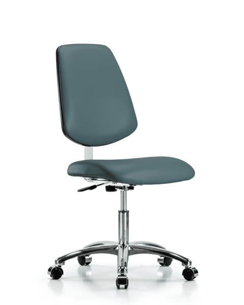 Class 10 Clean Room Vinyl Chair Chrome - Desk Height with Medium Back & Casters in Colonial Blue Trailblazer Vinyl - CLR-VDHCH-MB-CR-CC-8546