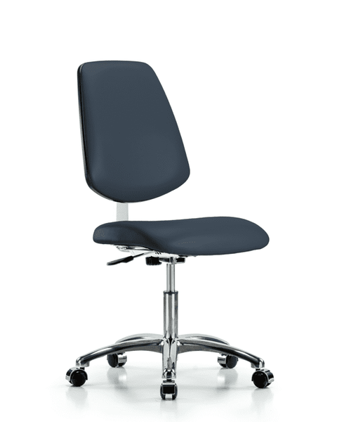 Class 10 Clean Room Vinyl Chair Chrome - Desk Height with Medium Back & Casters in Imperial Blue Trailblazer Vinyl - CLR-VDHCH-MB-CR-CC-8582