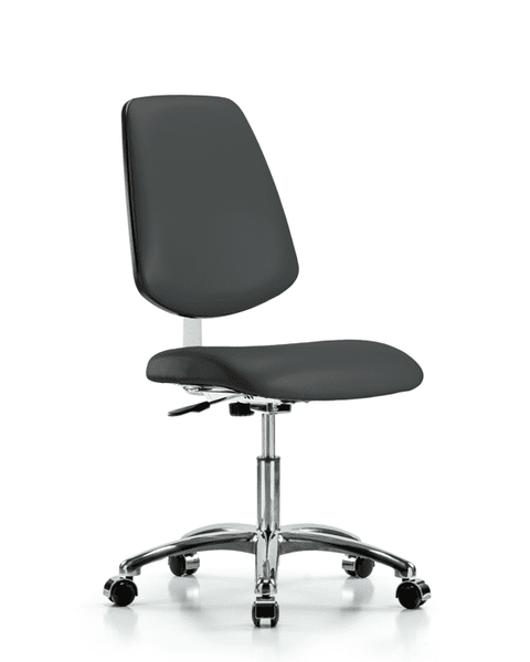 Class 10 Clean Room Vinyl Chair Chrome - Desk Height with Medium Back & Casters in Charcoal Trailblazer Vinyl - CLR-VDHCH-MB-CR-CC-8605