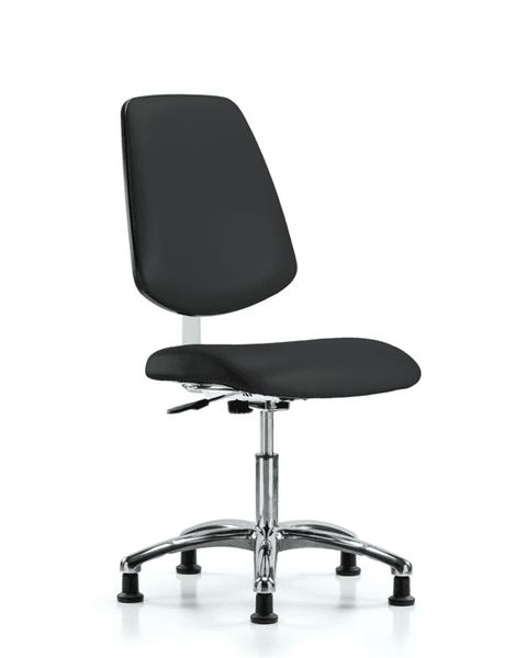 Class 10 Clean Room Vinyl Chair Chrome - Desk Height with Medium Back & Stationary Glides in Black Trailblazer Vinyl - CLR-VDHCH-MB-CR-RG-8540