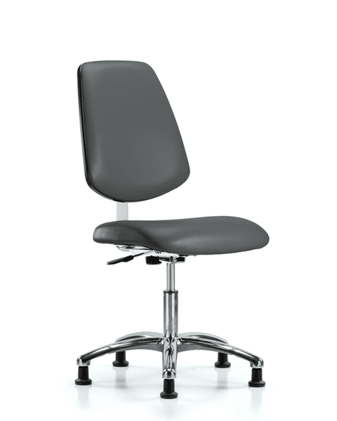 Class 10 Clean Room Vinyl Chair Chrome - Desk Height with Medium Back & Stationary Glides in Carbon Supernova Vinyl - CLR-VDHCH-MB-CR-RG-8823